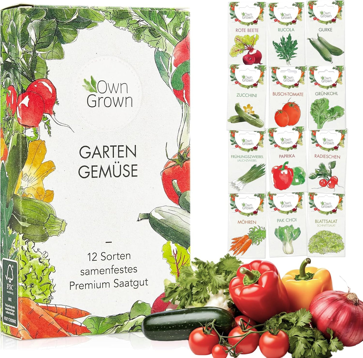 Set di semi di verdure coltivate da soli - 12 Pflanzensemen Sorten für Hochbeet und Garten - Praktische Box mit Gemüsesamen für den Anbau Frischer Ernte zu Hause - Ideal für Gartenliebhaber