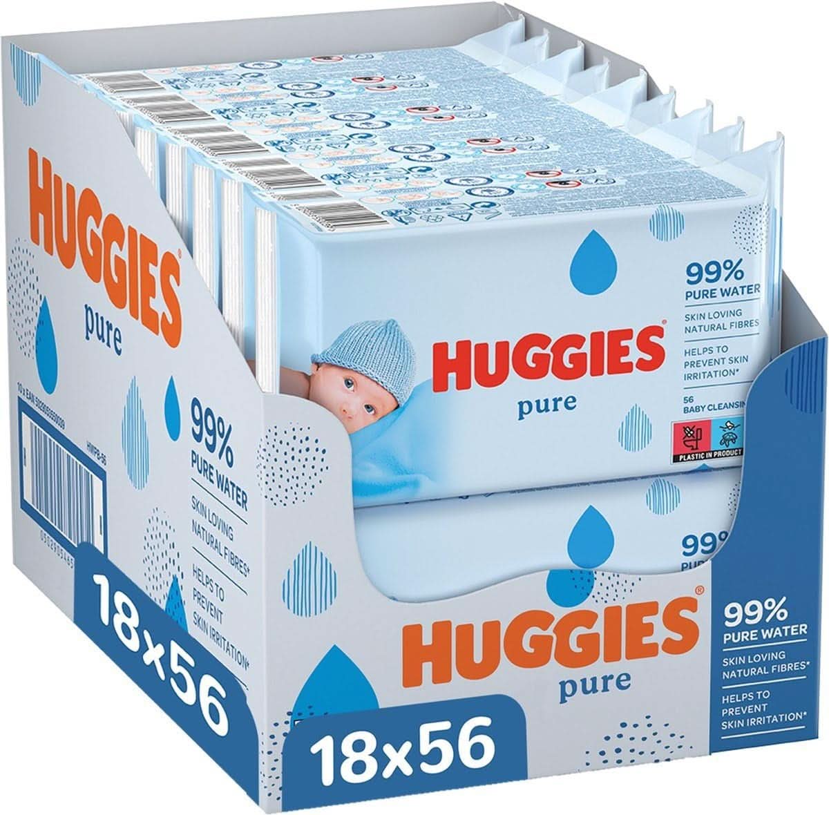 Confezione da 18 salviette per neonati Huggies Pure (1008 salviette in totale) — Acqua pura al 99% — Senza profumo, per una pulizia e una protezione delicate Salviettine umidificate per neonati Naty Shop