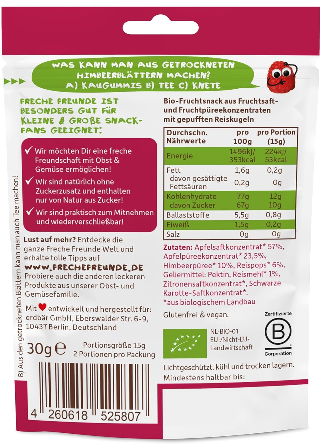 FRECHE FREUNDE Gelatine di frutta bio, lecca lecca di mela, lampone e riso, snack dolce alla frutta per bambini, senza glutine, vegano, confezione da 20 (20 x 30 g)