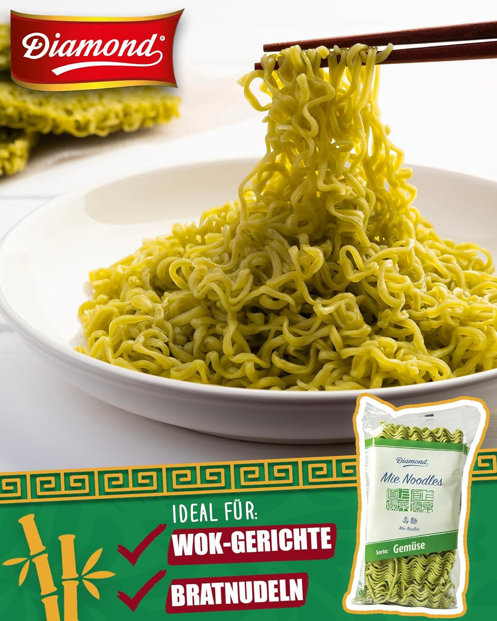 DIAMOND Mie tagliatelle di verdure, tagliatelle di grano con polvere vegetale, senza uova, facili e veloci, vegetariane - 1 x 250 g