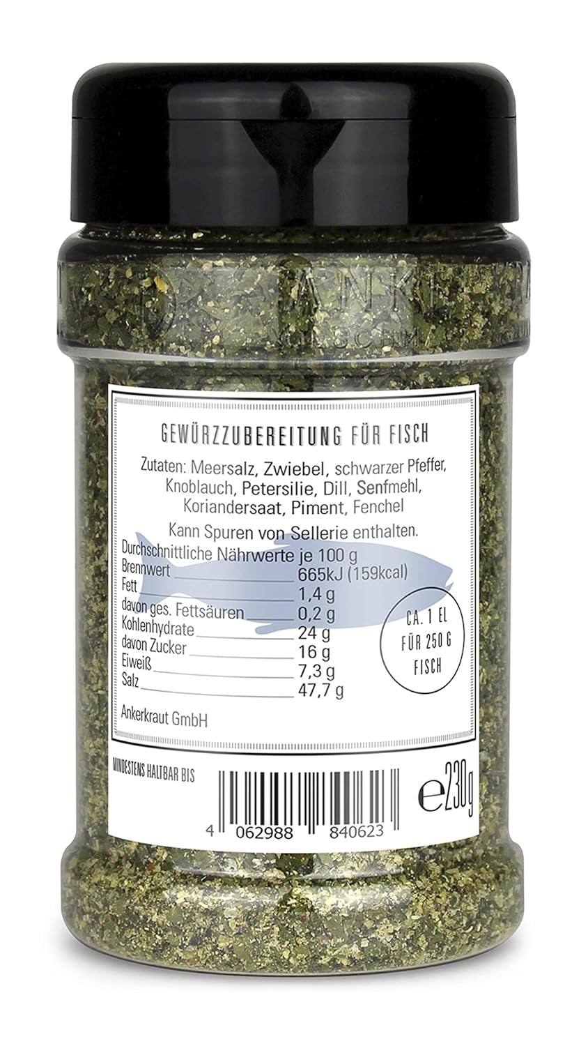 Ankerkraut Für Fisch, zuckerfrei, mit Zwiebel, Knoblauch und Pfeffer, 230 g im Streuer