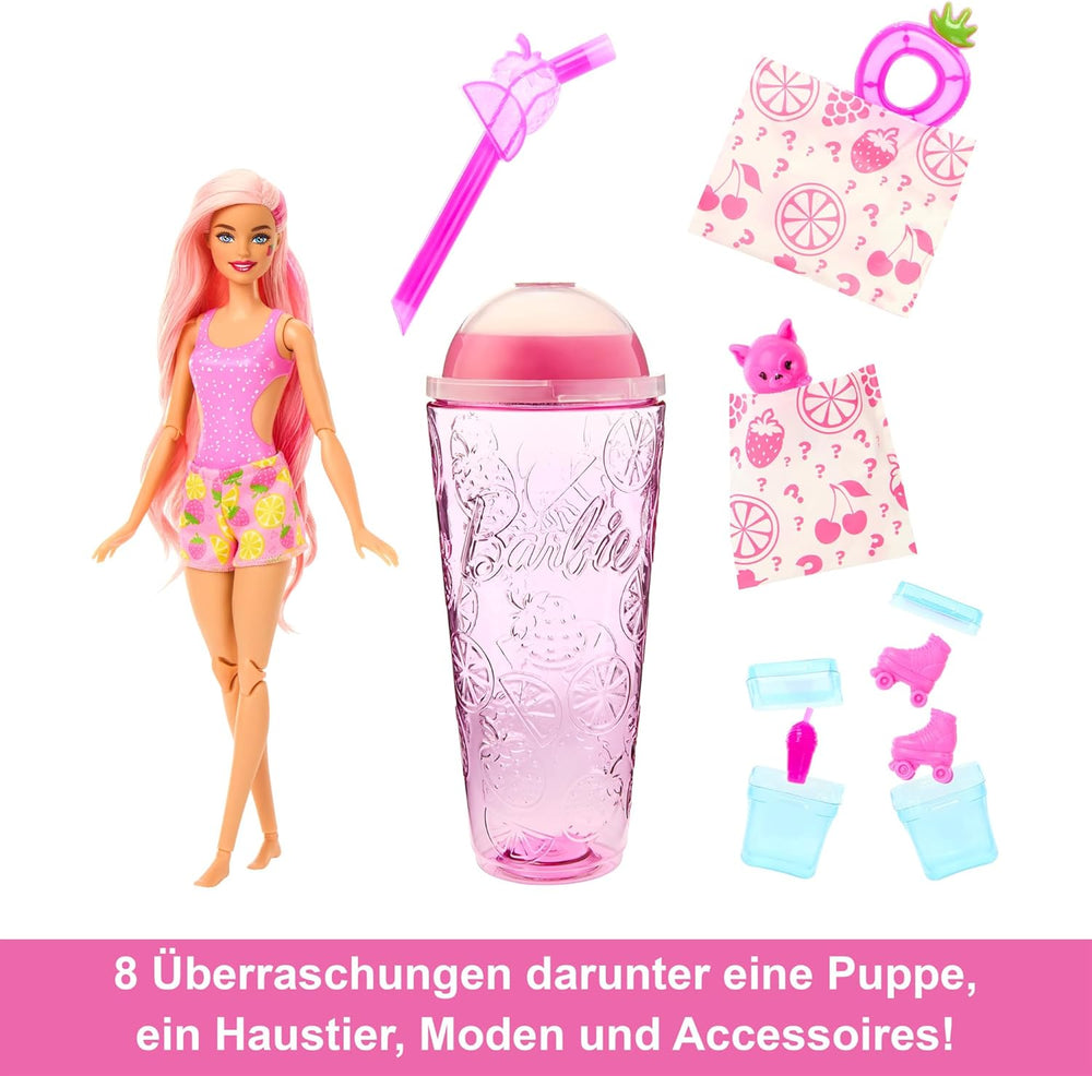 Barbie Pop Reveal Fruit - Păpuși surpriză cu 8 surprize fructate, inclusiv o păpușă poziționabilă cu parfum de limonadă de căpșuni și un cățeluș pufos, vârste 3+, HNW41