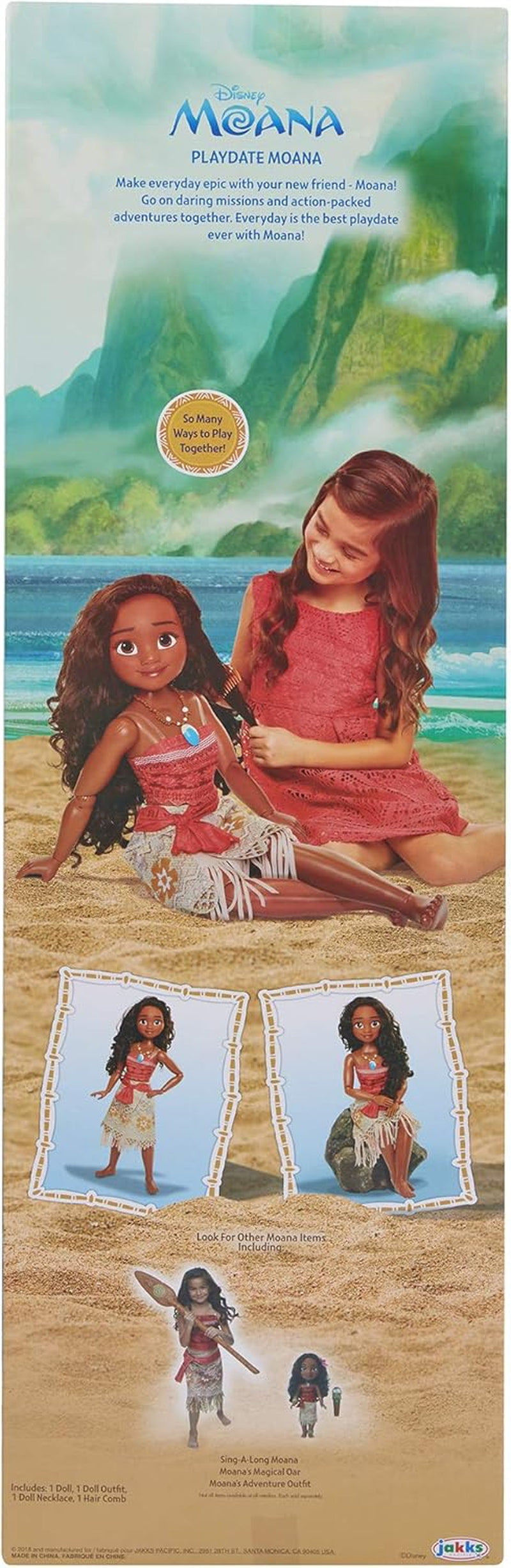 Disney Princess Vaiana, 80 cm große Spielpuppe von Jakks Pacific, bewegliche Puppe, mit Bürste zum Kämmen ihrer welligen Locken, vom Film inspiriertes Kleid, abnehmbare Halskette mit Anhänger