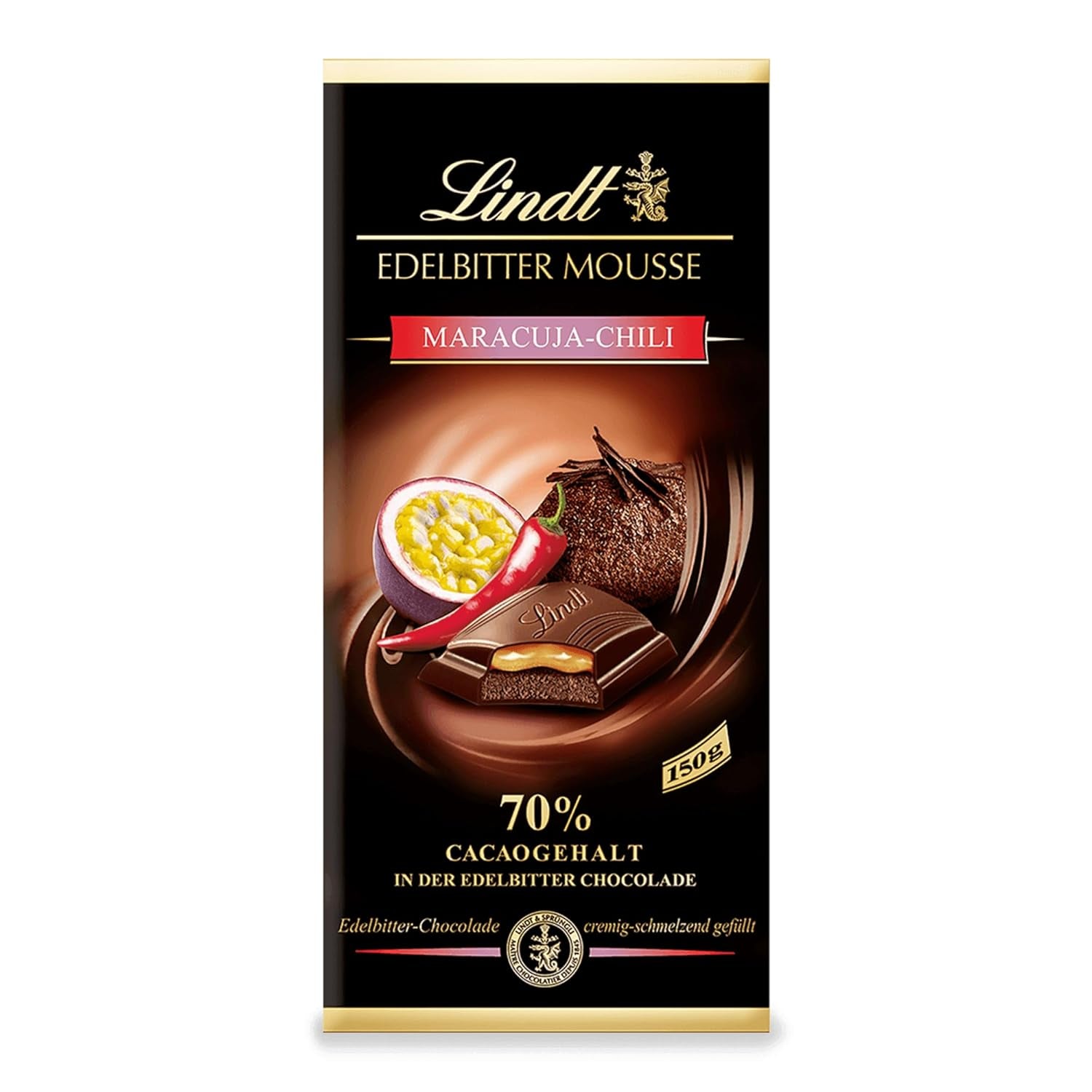 Mousse al cioccolato fondente Lindt con peperoncino e ciliegie | Barretta 150g | Con il 70% di cacao e ripieno di mousse al cioccolato fondente e ciliegia e peperoncino | Tavoletta di cioccolato | Cioccolato fondente