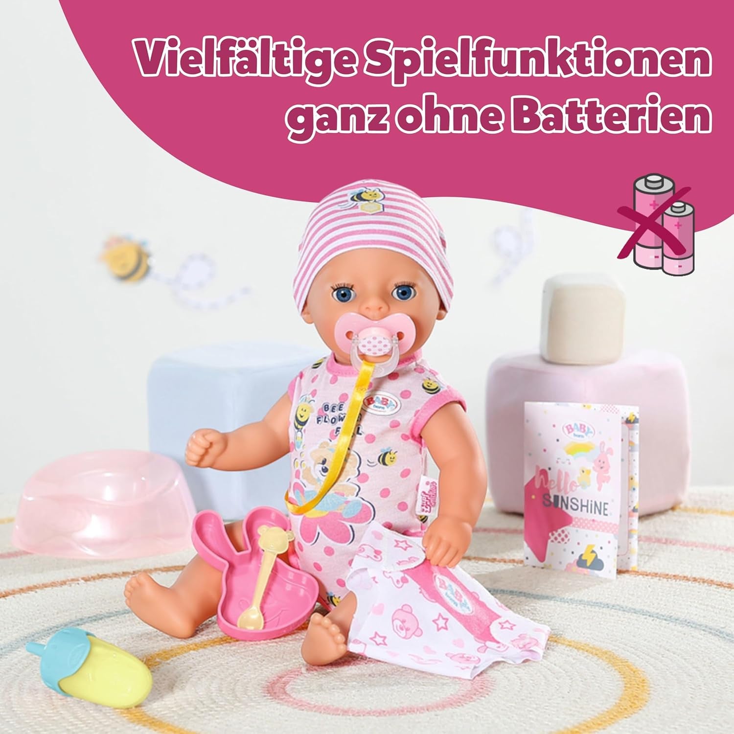 BABY Born Lena (Fetiță) - păpușă bebeluș 36 cm - 7 funcții, inclusiv accesorii și saltea - Funcționează complet fără baterii - Potrivită pentru copii mici de la 1 an