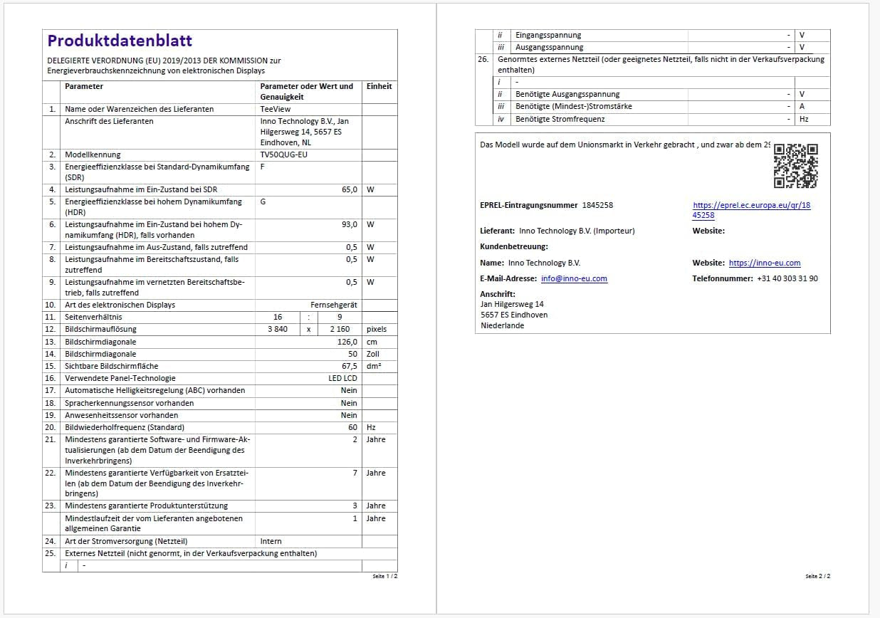 TEEVIEW Google Smart TV | 4K UHD | 50”/127cm | Design fără ramă | Tuner triplu DVB-T/T2/S/S2/C | • HDMI x3, USB x2, CI+ | Control vocal și aplicații de streaming | Asamblat în Eindhoven | TV50QUG-EU