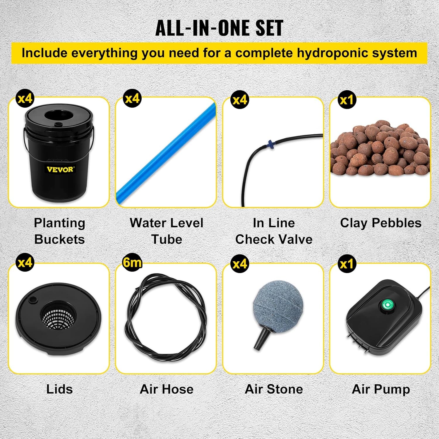 VEVOR DWC Sistema di Coltivazione Idroponica, Sistemi di Coltivazione Idroponica, Coltivazione in Acque Profonde 4 Secchi da 20 Litri, Sistema DWC con Pompa ad Aria, Pietre porose e Indicatore del Livello dell'Acqua per Verdure in Foglia