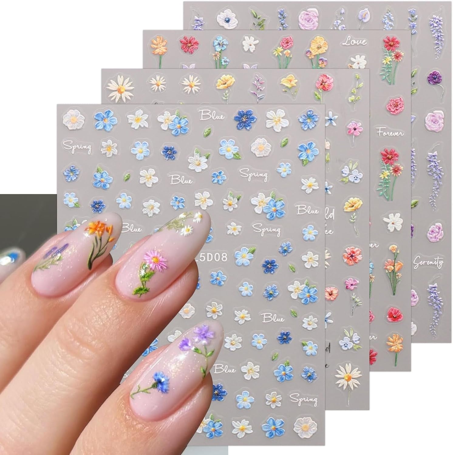 JMEOWIO 3D Nagelsticker Blumen Nail Art Sticker Selbstklebend Nagelaufkleber 5D Stereoskopisch Frühling Sommer Blumen Dekoration Nageldesign Zubehör 4 Blatt