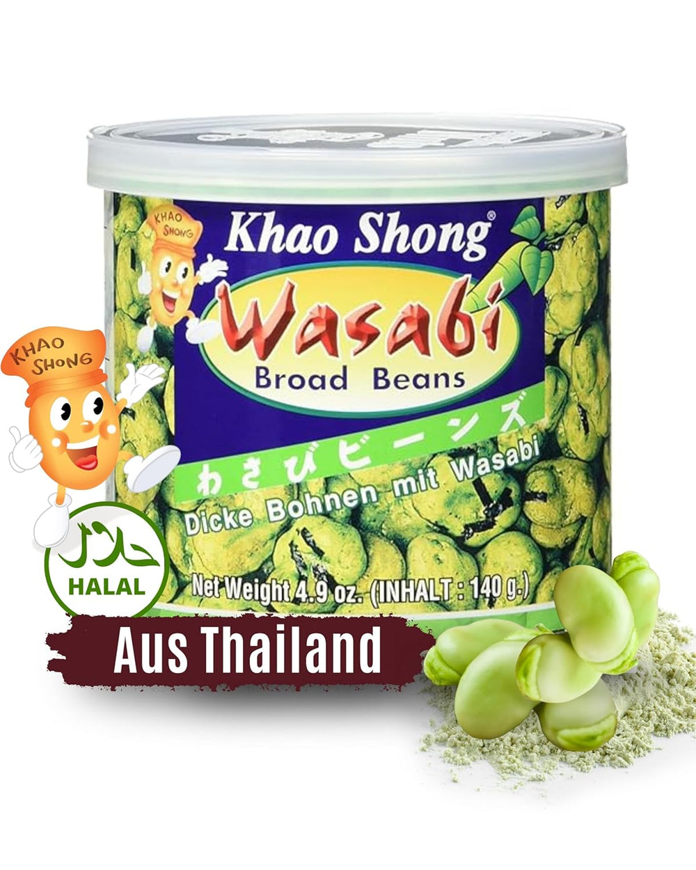 Piselli verdi fritti Khao Shong con wasabi, piselli croccanti in pastella piccante, un'alternativa a basso contenuto di grassi alla frutta secca, mediamente piccante, 1 lattina da 140 g | 140 g (1 confezione)