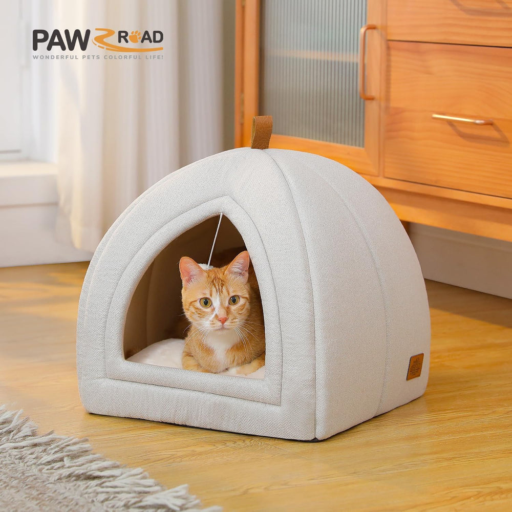 PAWZ Road Katzenhöhle mit waschbaren Kissen, Hundebett kleine Hunde, Kleintierhaus, Katzenschlafplatz-Bettchen, Katzenhaus Indoor, Beige, 40x40x40cm