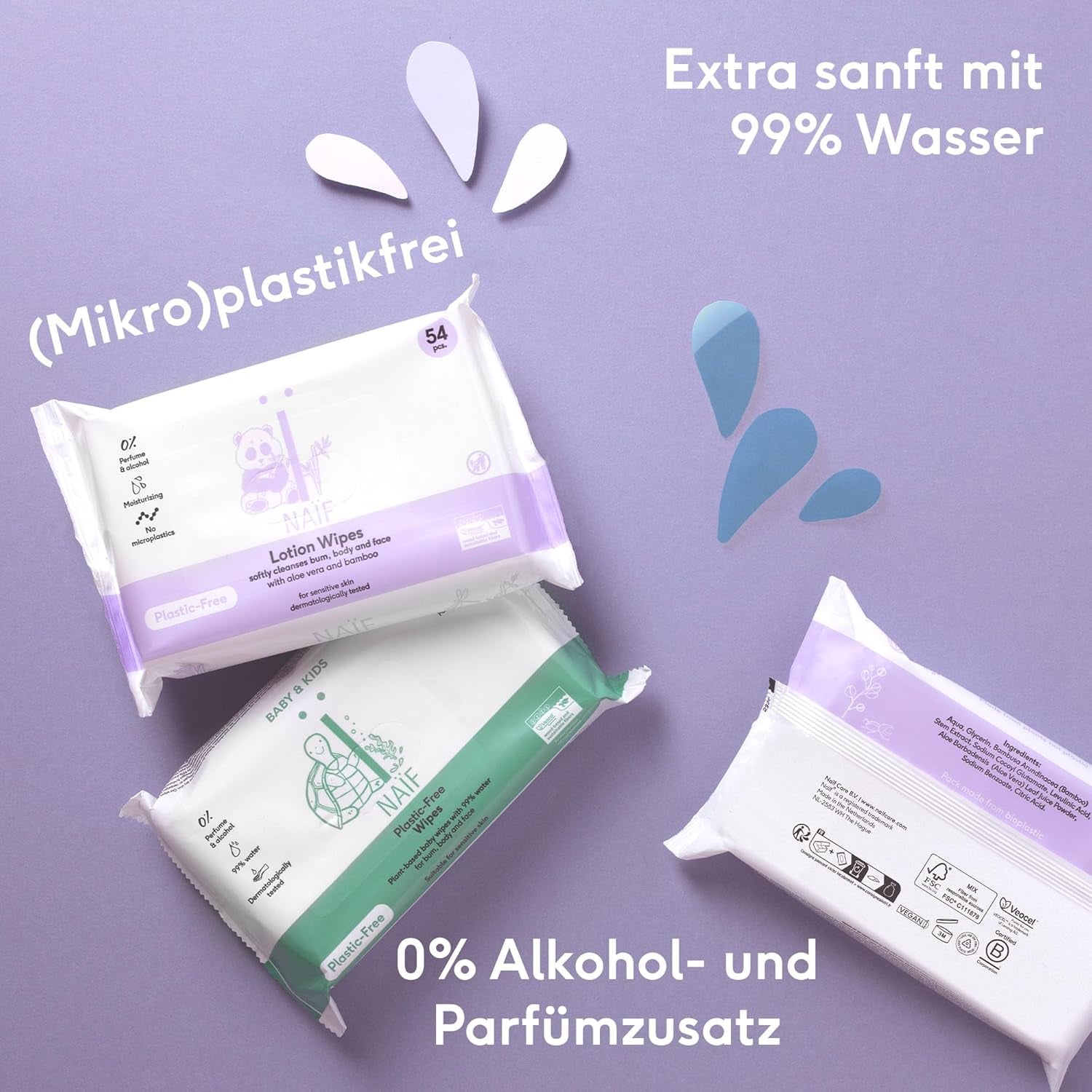 Naïf - Salviette umidificate senza plastica - 162 pezzi (3 confezioni da 54 salviette ciascuna) - Cura il sedere, il corpo e il viso del bambino - 99% acqua - 0% profumo e alcool