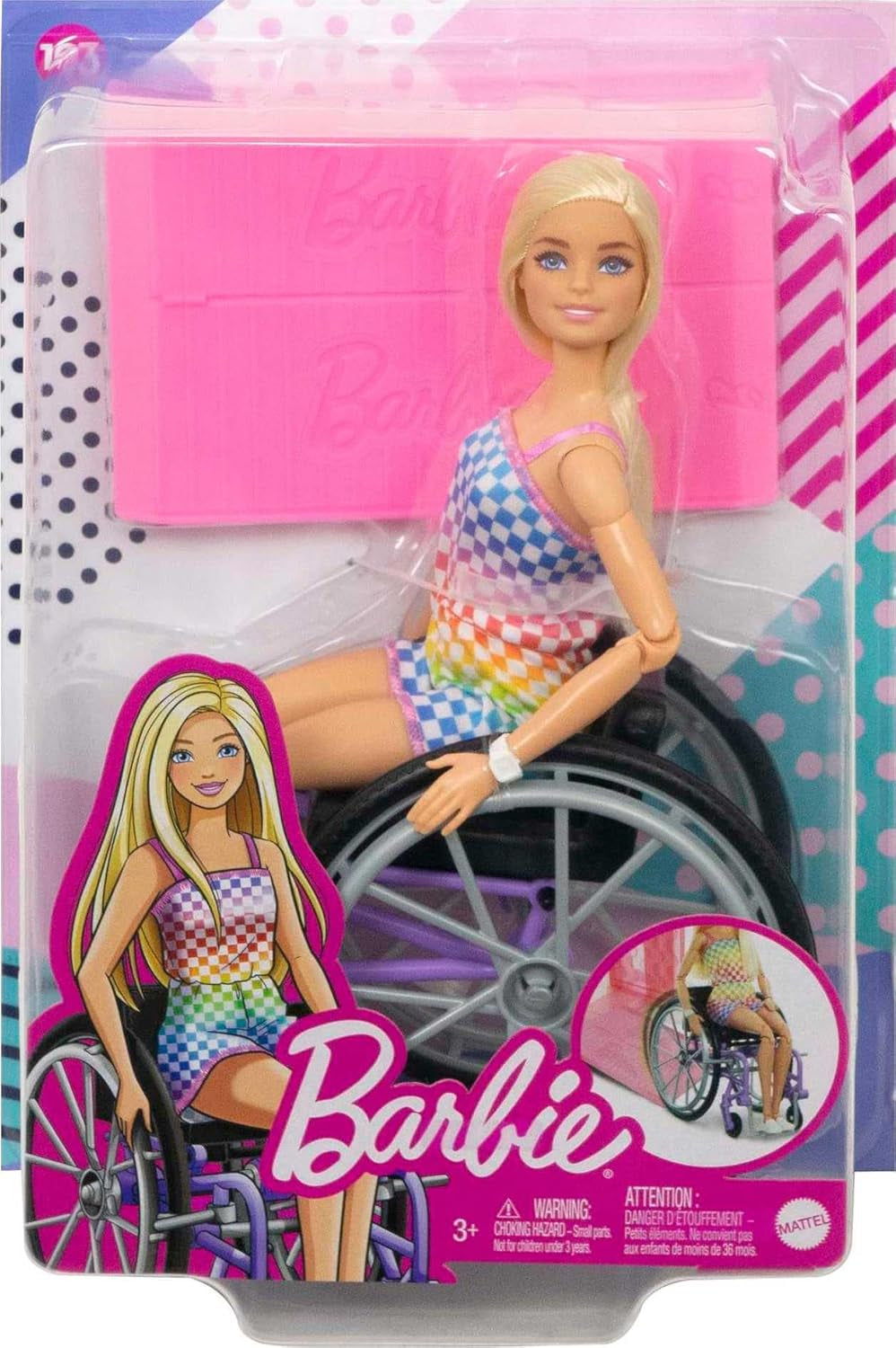 Barbie Fashionista-Puppe, im Rollstuhl mit blonden Haaren und Regenbogen-Jumpsuit, Rollstuhl und Rampe, Puppe inklusive, Geschenk für Kinder, Spielzeug ab 3 Jahre,HJT13