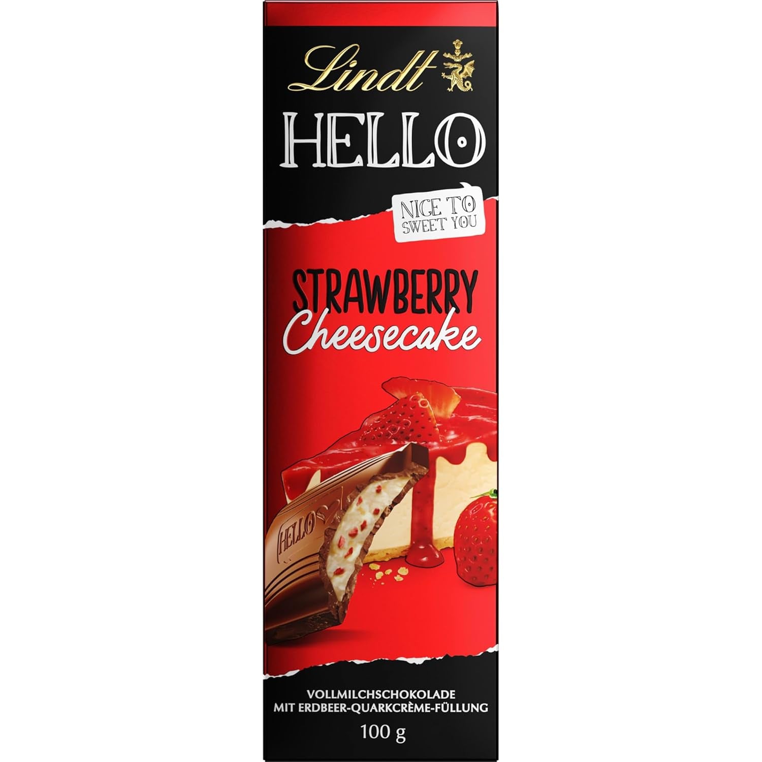Lindt HELLO Cheesecake Al Cioccolato E Fragole | Barretta 100g | Cioccolato al latte con ripieno di crema al quark alla fragola | Tavoletta di cioccolato | Regalo di cioccolato