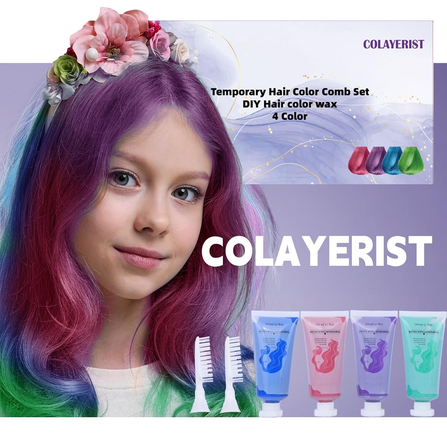 Cretă de păr COLAYERIST 4 culori, cretă de păr pentru fete și adulți, set de vopsea de păr temporară pentru copii, cretă de păr pentru copii lavabilă non-toxică, cadouri fete 6 7 8 9 10 11 12 13 ani Vopsea pentru par Naty Shop