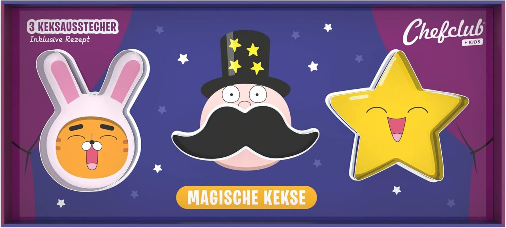 CHEFCLUB, Forme de biscuiți magice pentru fursecuri, Forme de biscuiți cu modele imaginative, Set de 3 forme de biscuiți metalice, inclusiv rețetă, Vârste 4+