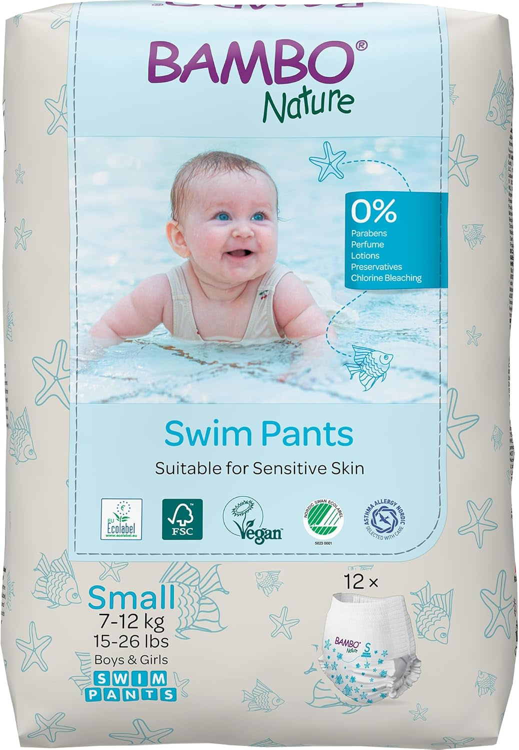 Pannolini da nuoto per bambini Bambo Nature, taglia S (7-12 kg), 12 pannolini | Pannolini da bagno usa e getta Secure Fit | Comfort impermeabile durante i giochi in acqua
