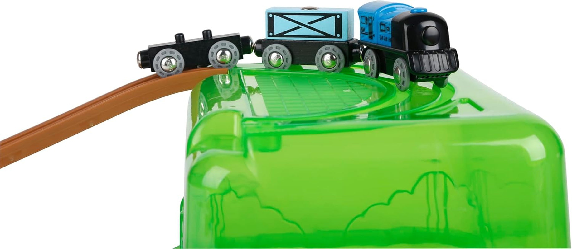 Hape Eisenbahn-Baukasten-Set - mit integrierter Lagerbox und Güterzug aus Holz, Bahn-Set mit Schienen, Brücken & Zubehör, Montessori-Spielzeug, Kreatives Bauen & Spielen, für Kinder ab 3 Jahren