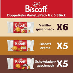 Lotus Biscoff | Pachet Variat de Biscuiți Dubli | 3 Varietăți: Cremă Biscoff, Vanilie și Aromă de Ciocolată | 5 Biscuiți Dubli per Pachet | Ingrediente de Origine Naturală | Fără Coloranți | 16 x 50g | 800g