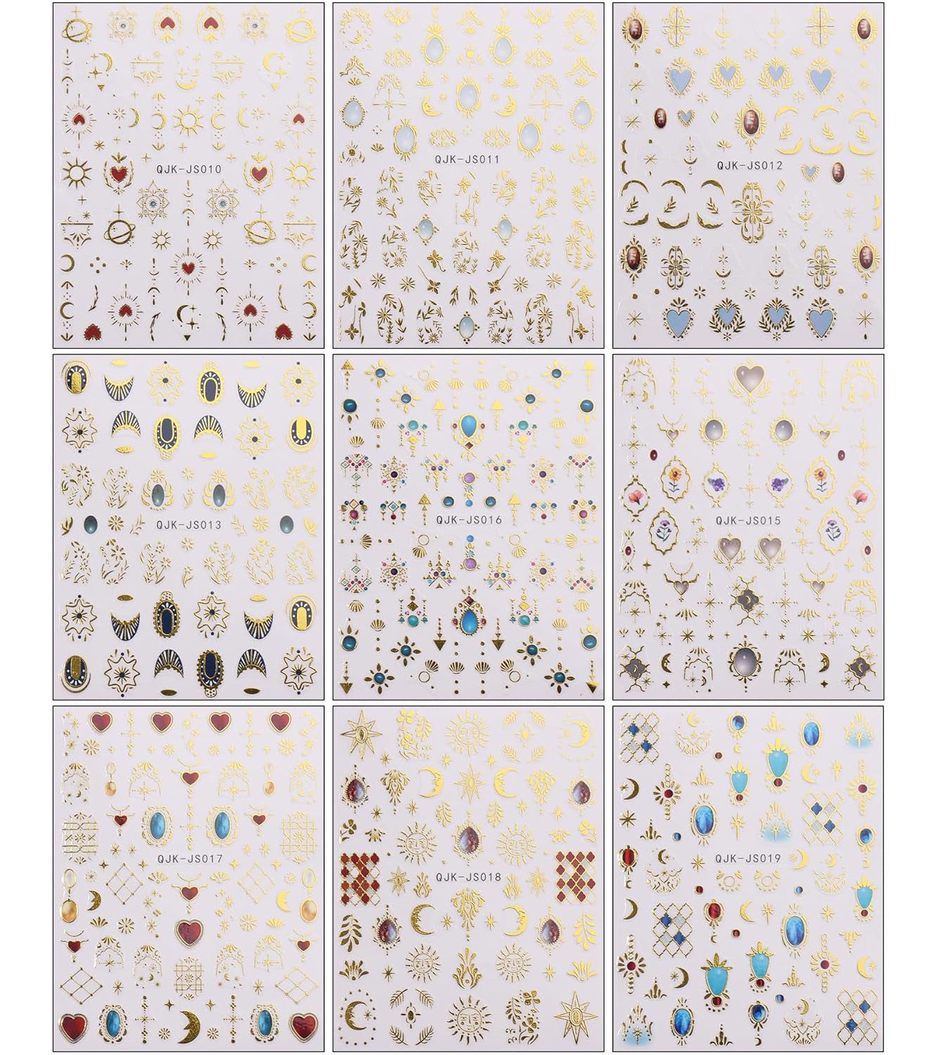 JMEOWIO Nagelsticker Herz Mond Stern 9 Blatt Nail Art Sticker Selbstklebend Nagelaufkleber Bunt Dekoration Nageldesign Zubehör