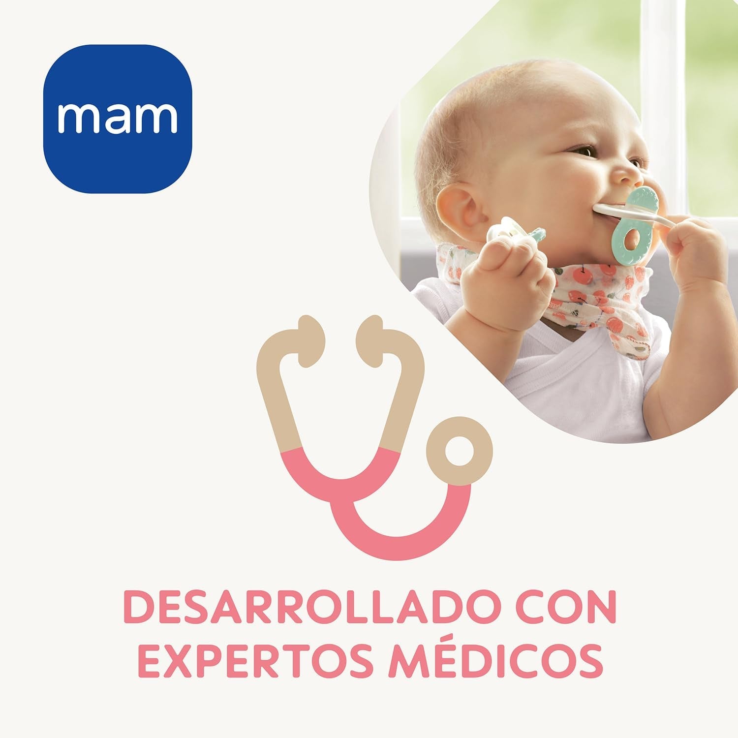 Inel de dentiție MAM, de la 2 luni, ușurare imediată pentru erupția dentară ulterioară, extra ușor și ușor de prins și ținut în mână, include cataramă, ușor de curățat, neutru, 1 bucată