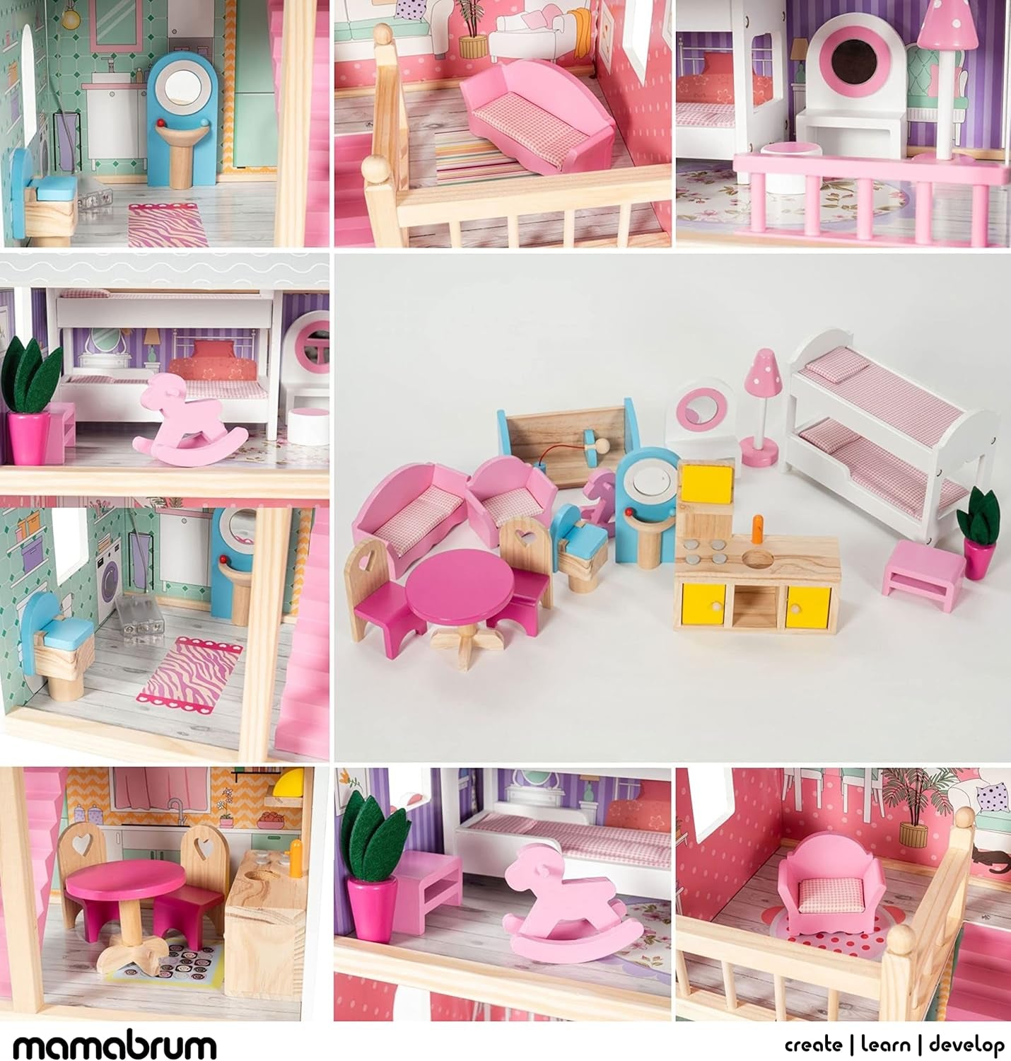 A405 Casă de păpuși cu iluminare LED - 3 etaje și set de mobilier - Casă de joacă din lemn, inclusiv accesorii: bucătărie, baie, dormitor - Cadou pentru fete de la 3 ani în sus Casute de papusi Naty Shop