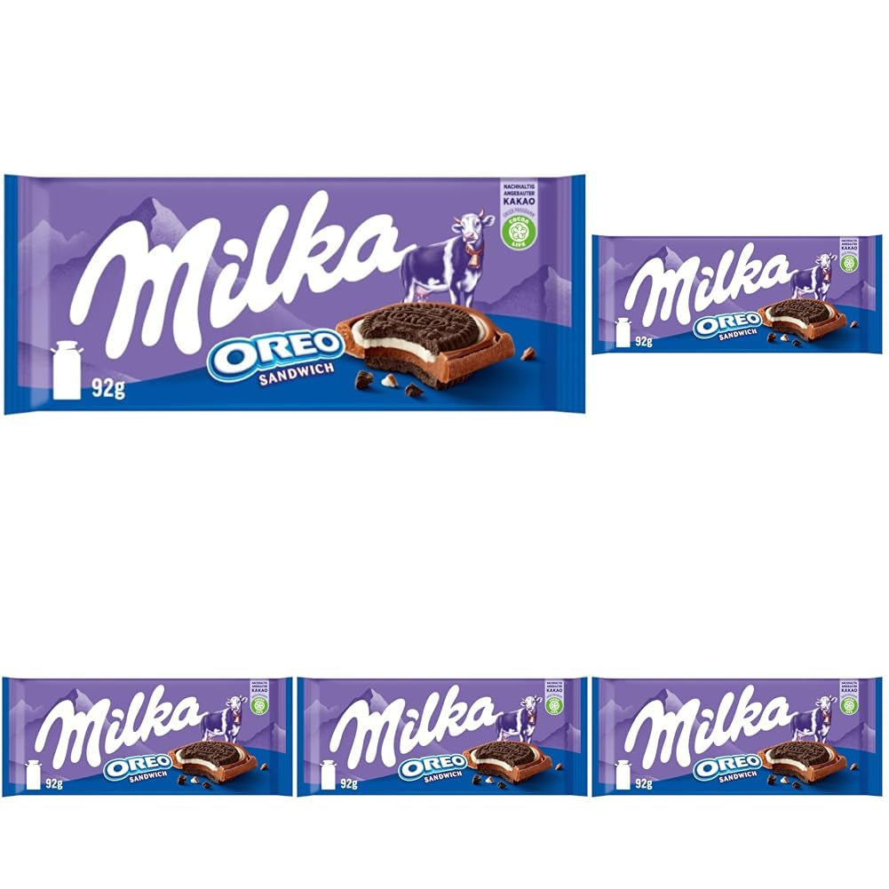 Milka Oreo Sandwich – Cioccolato al latte alpino, ripieno di pezzi croccanti di biscotti Oreo e morbida crema alla vaniglia – 92g