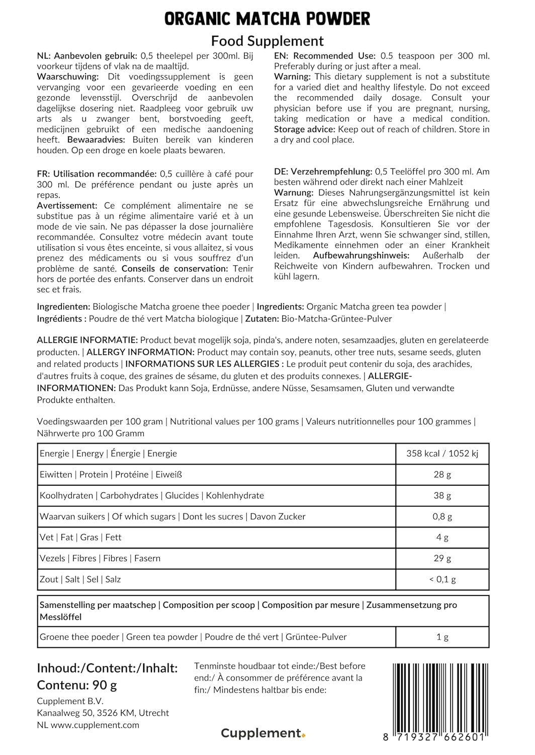 Cupplement Matcha 90 grame bio - Ceai verde pudră de cea mai înaltă calitate - Fără bătător de bambus și tel - Culunary - Set pentru începători - Latte - Bătător - Japonia - Pudră - Ceai - Tel - Pungă - Smoothie