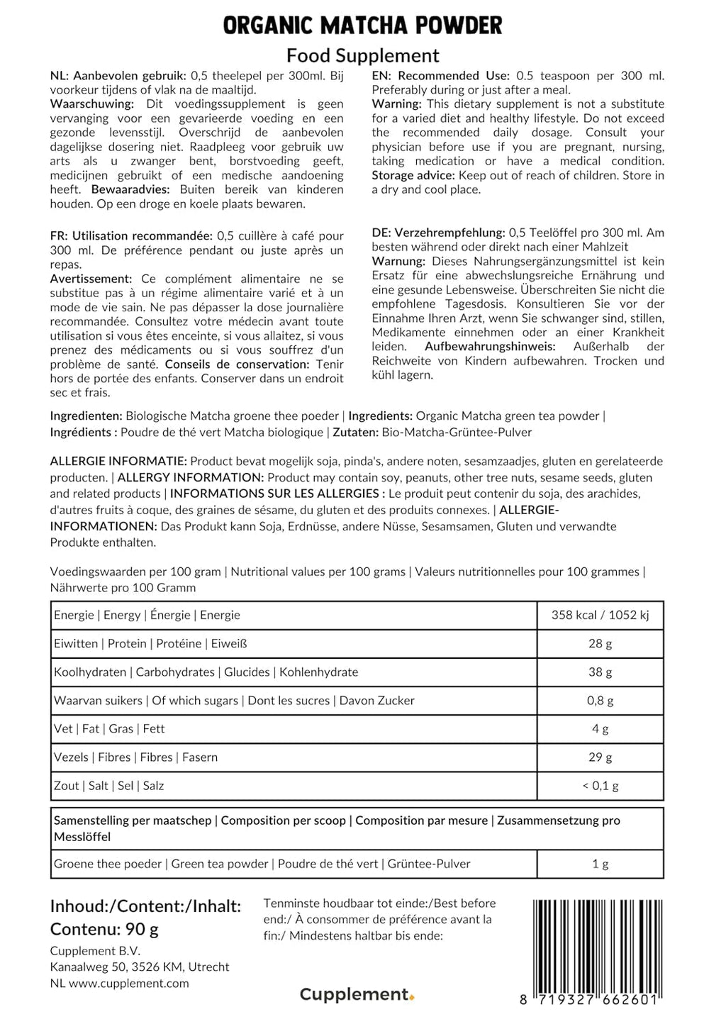 Cupplement Matcha 90 grame bio - Ceai verde pudră de cea mai înaltă calitate - Fără bătător de bambus și tel - Culunary - Set pentru începători - Latte - Bătător - Japonia - Pudră - Ceai - Tel - Pungă - Smoothie