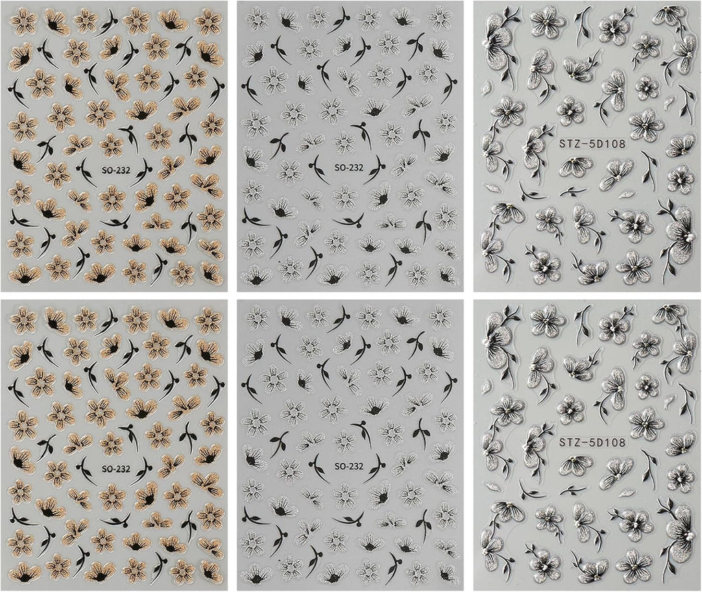 JMEOWIO 6 Blatt 3D Nagelsticker Blumen Nail Art Sticker Selbstklebend Nagelaufkleber 5D Stereoskopisch Frühling Sommer Blumen Dekoration Nageldesign Zubehör