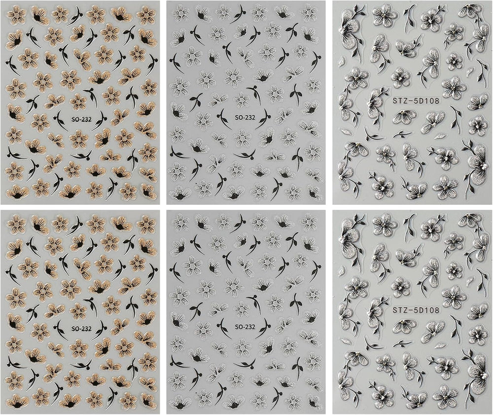 JMEOWIO 6 Blatt 3D Nagelsticker Blumen Nail Art Sticker Selbstklebend Nagelaufkleber 5D Stereoskopisch Frühling Sommer Blumen Dekoration Nageldesign Zubehör