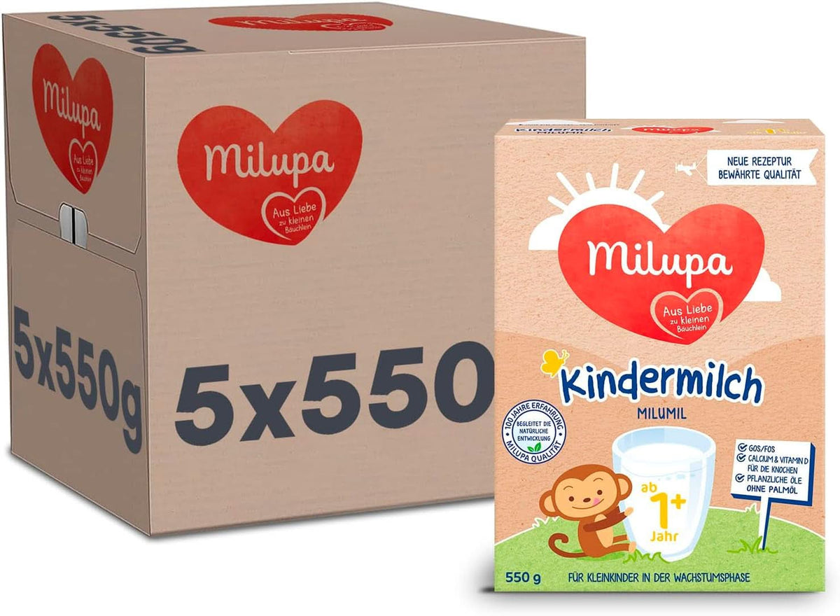 Milupa Latte per bambini Milumil 1 plus - da 1 anno - per i bambini piccoli nella fase di crescita - accompagna lo sviluppo naturale - 5 x 550 g polvere Mamma e Bambino Naty Shop Milupa Latte Milumil per bambini 1+ 5 x 550 grammi