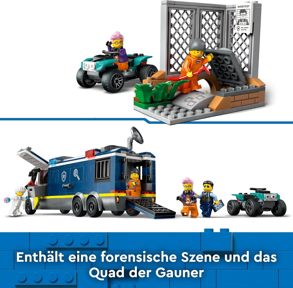 LEGO City Camion della Polizia con laboratorio, set della Polizia Quad e camion giocattolo per bambini, regalo per ragazzi e ragazze dai 7 anni in su, più 5 minifigure: 2 poliziotti, 1 scienziato e 2 ladri 60418 Set da costruzione Beuche den LEGO-Store