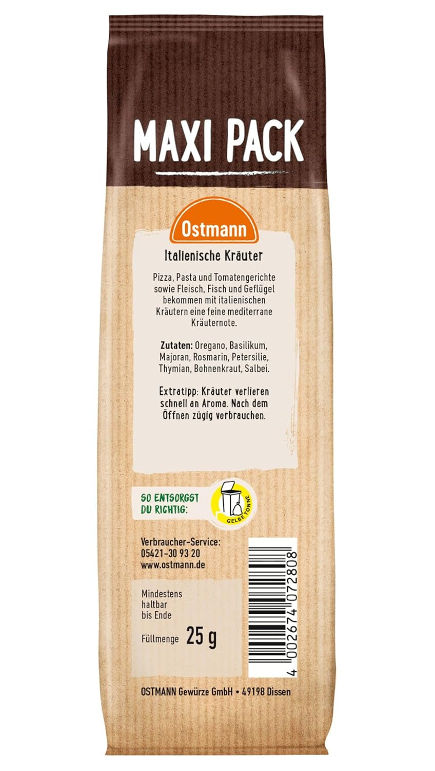 Ostmann Gewürze - Italienische Kräuter gerebelt | Kräutermischung mediterraneo per Würzen von Tomatensauce, Gemüse- und Fleischgerichten | 25 g nel Vorteilsbeutel