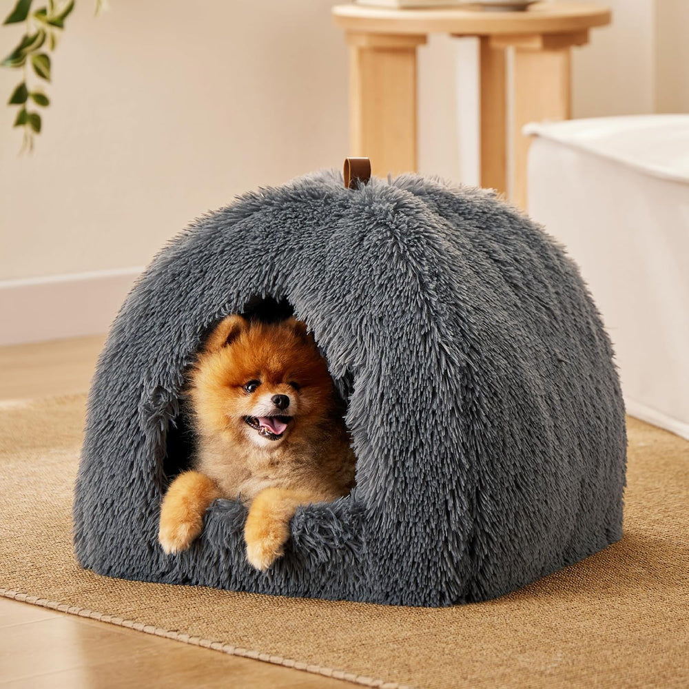 BEDSURE Katzenbett große Katzen Katzenhöhle- 44x44x44 cm Plüsch Katzenhaus Indoor mit abnehmbarem Katzenkissen und hängendem Spielzeug, Katzen Bettchen waschbar, dunkelgrau