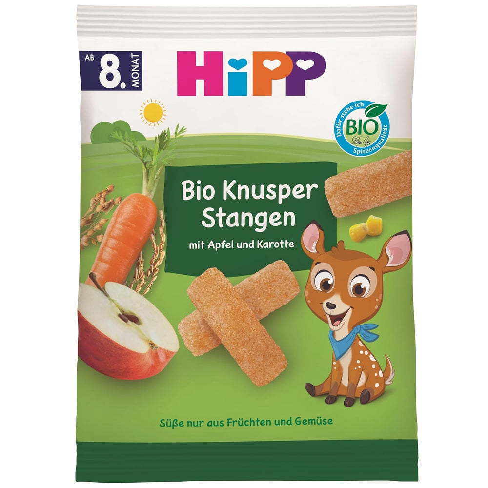 HiPP Bio Knusper Stangen Apple Karotte (7 x 30g), Babysnack ab 8. Monat, Süße nur aus Früchten und Gemüse, glutenfrei, in bester Bio-Qualität