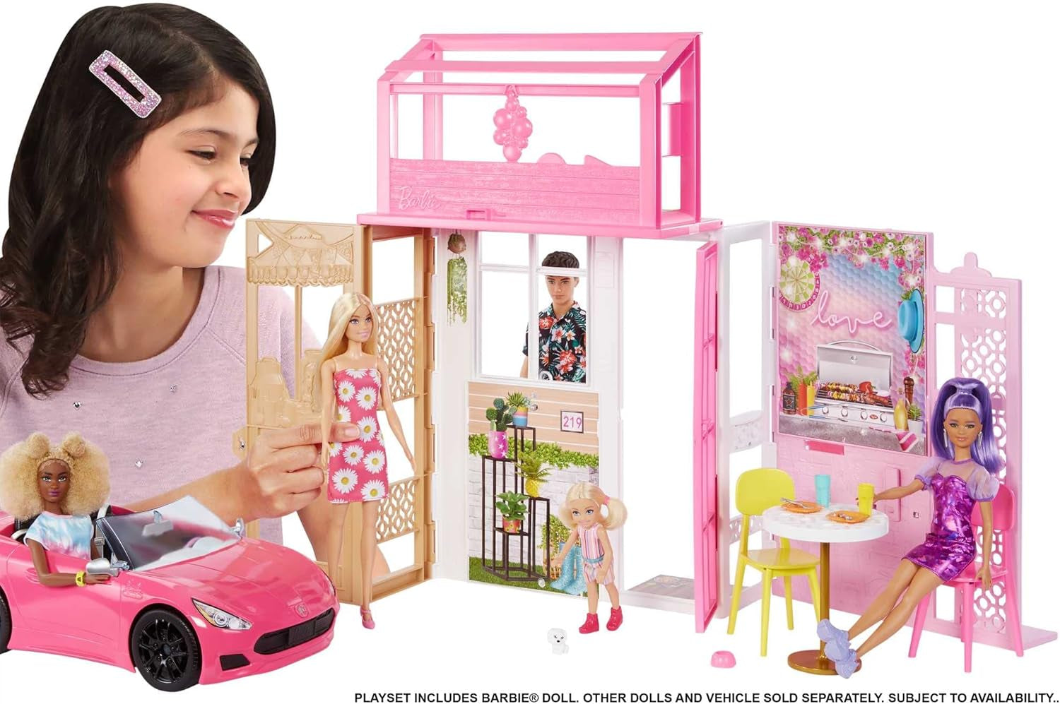 Casă de păpuși Barbie (70.6 X 51.4 Cm) cu 4 zone de joacă, accesorii și mobilier complet mobilate, rotativă 360°, pliabilă, păpușă, cadou pentru copii de la 3 ani, HHY40 Casute de papusi Naty Shop