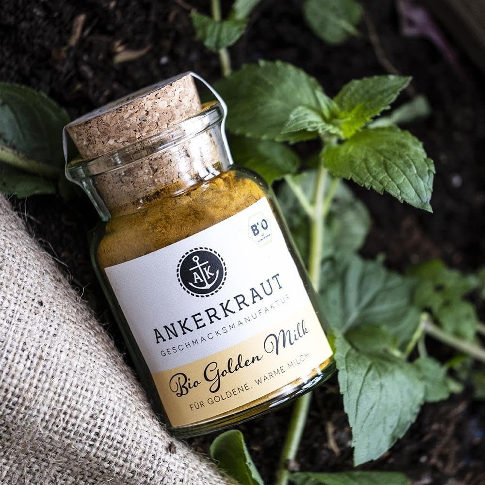 Ankerkraut Bio Golden Milk, Gewürz für goldene Milch, con curcuma, Zimt und Ingwer, 75 g in bicchiere di sughero