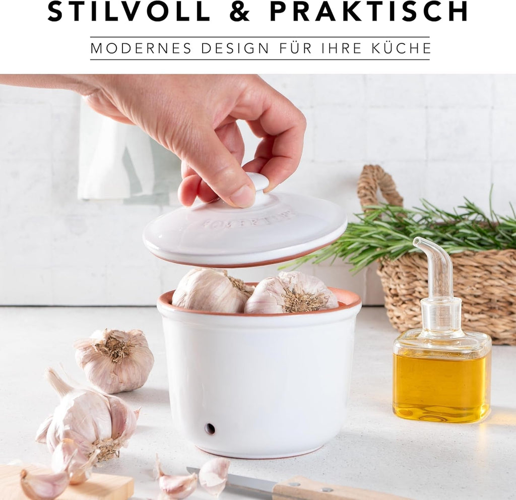 Römertopf Fresh Pot MINI 0,6 litri - Oală de usturoi ceramică - Argila respirabilă păstrează legumele proaspete pentru mai mult timp - Circulație ideală a aerului - Alb Cutii depozitare alimente Naty Shop