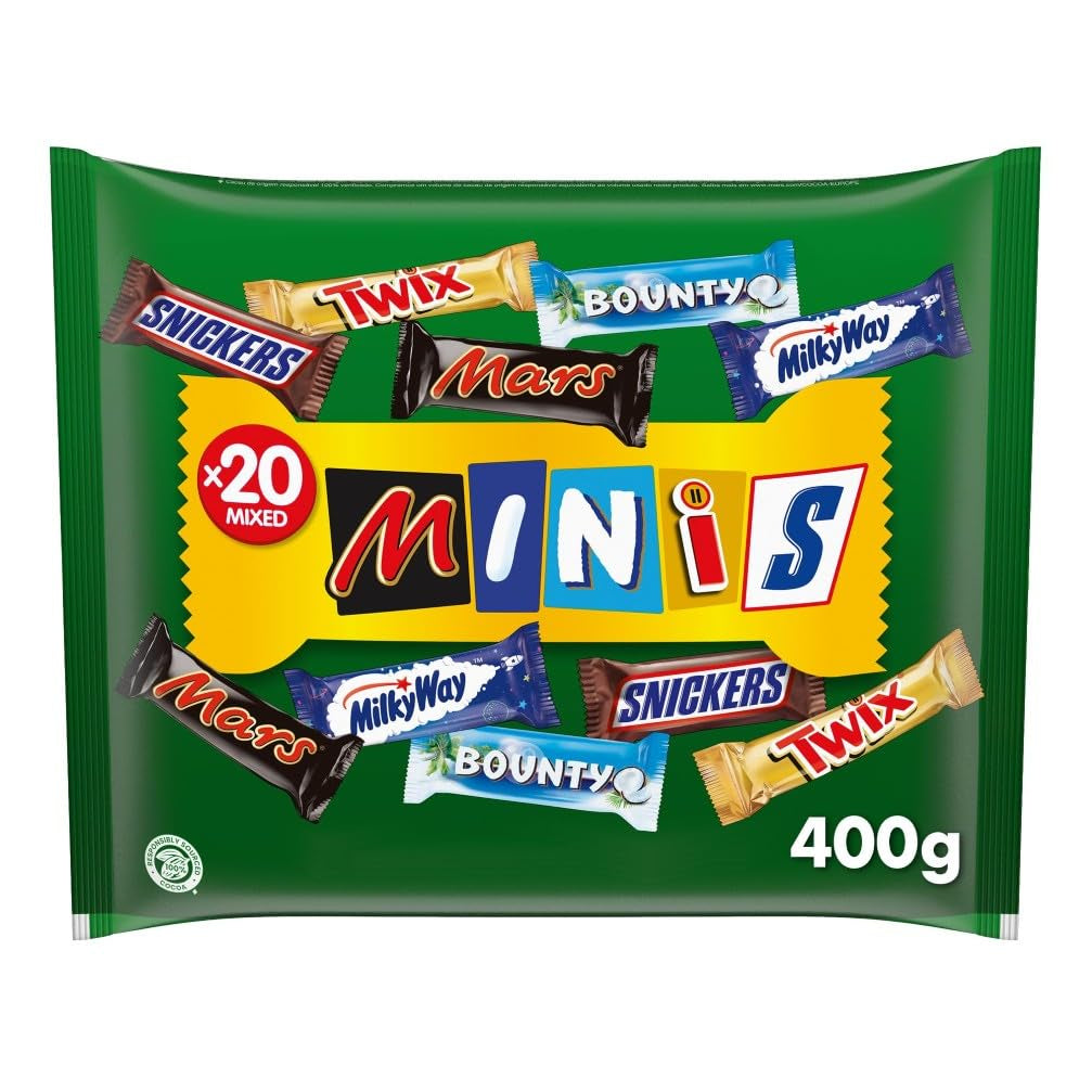 Confezione sfusa di mini cioccolato misto, 20 mini snack al cioccolato (Mars, Snickers, Bounty, Twix, Milky Way), come caramelle, regalo di cioccolato, scatola di caramelle, 400 g