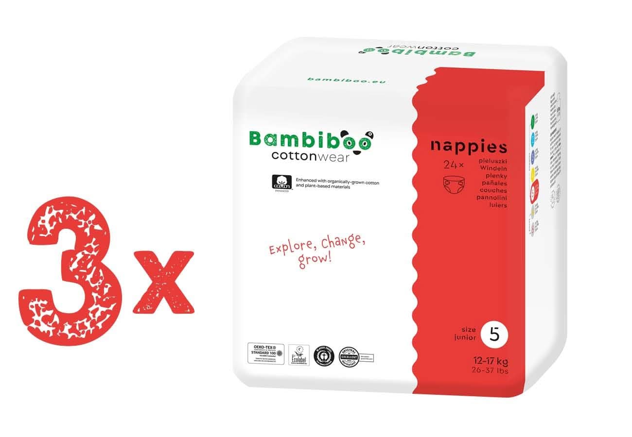 Bambiboo Scutece pentru copii - COTTONWEAR - Scutece de unică folosință pentru copii din bumbac organic și țesături pe bază de plante cu buric decupat Mama si Copilul Naty Shop Scutece, mărimea 5, 72 bucăți