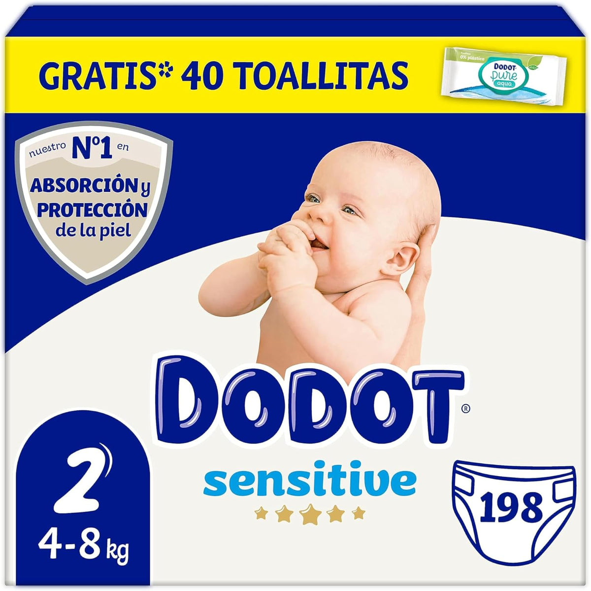 Pannolini Sensitive Baby Taglia 2 (4-8 kg), 198 pannolini + 1 confezione da 40 salviette detergenti gratuite, Total Aqua Care, assorbenza e protezione della pelle, confezione mensile