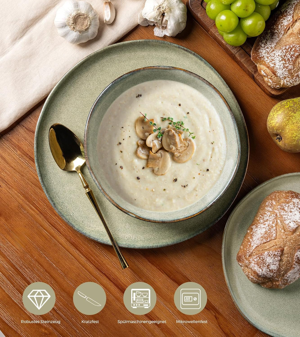 Set de veselă GBhome din gresie pentru 6 persoane, 24 de piese, glazură reactivă, lucrat manual, potrivit pentru cuptorul cu microunde și mașina de spălat vase, set de boluri și farfurii, Desret Sage, GDW007GY-24P-EU