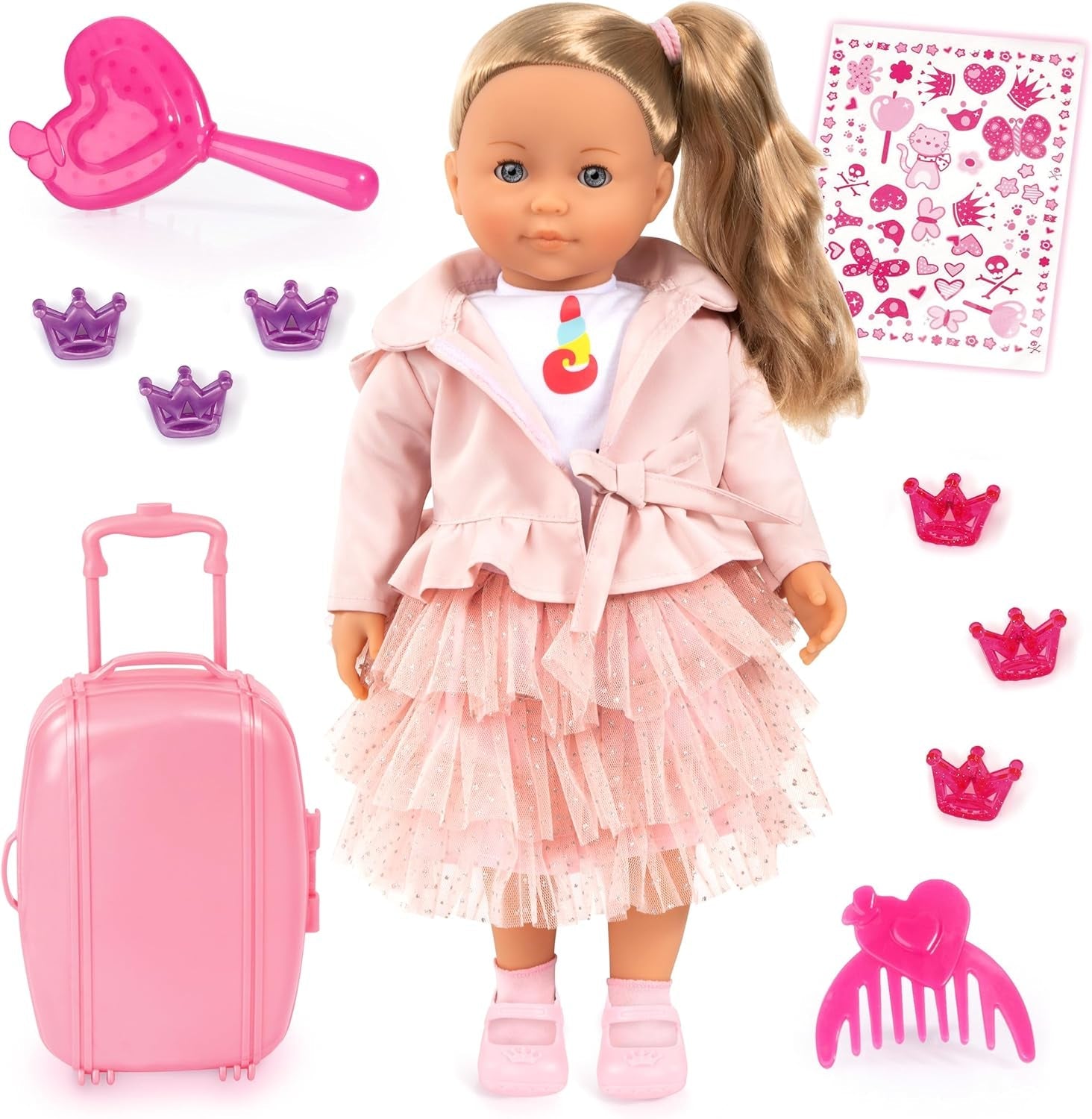 Bayer Design 94637AN Charlene Puppe interaktiv mit Haaren, sprechend, Funktionspupe, weicher Körper, Schlafaugen, Zubehör, 46 cm, Rosa