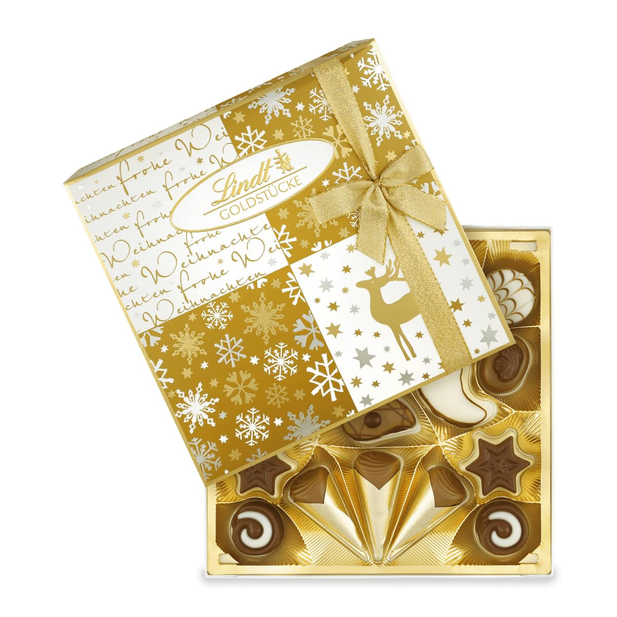 Cioccolata Lindt | Scatola di praline in pezzi d'oro | 180 g| 18 praline in 10 assortimenti come pregiato assortimento di praline, alcune con alcol | Confezione regalo premium con praline natalizie