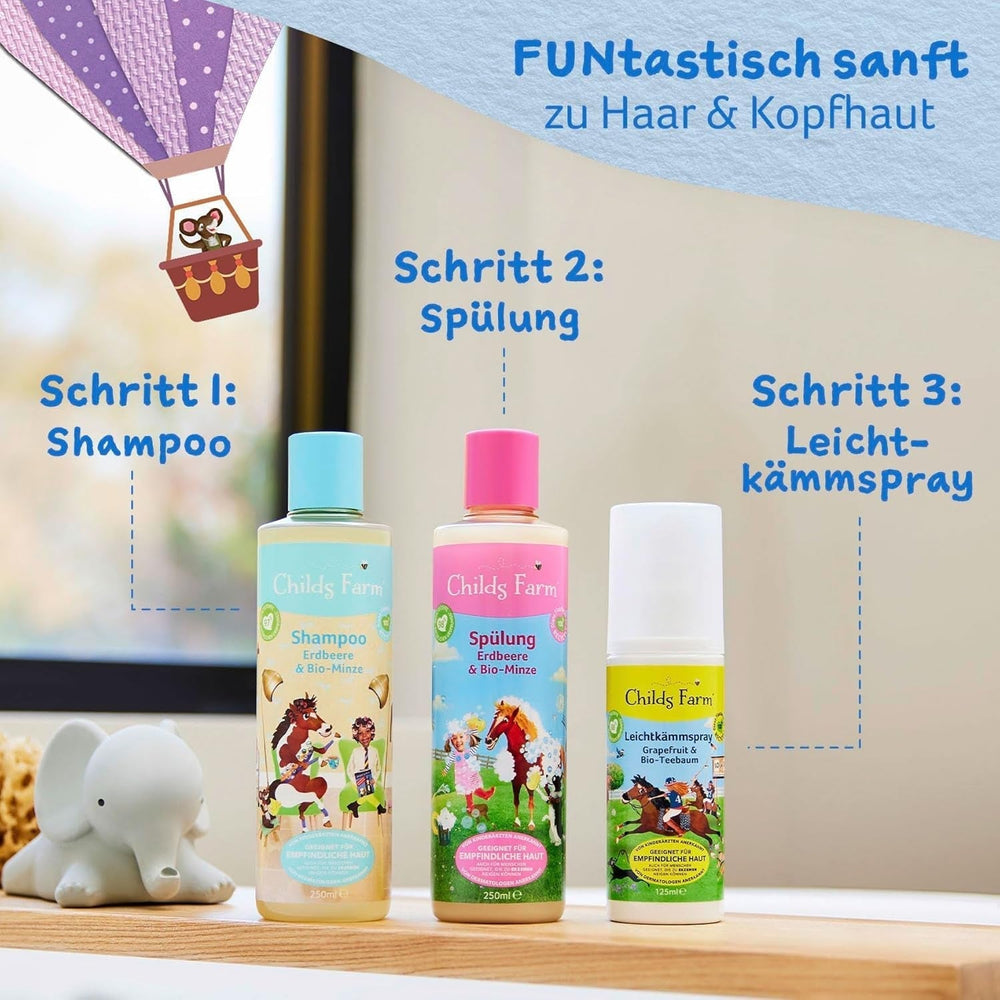 Balsam Childs Farm pentru copii 250 ml | Căpșuni și mentă organică | Toate tipurile de păr | Hrănește și hrănește | Potrivit pentru pielea uscată, sensibilă și predispusă la neurodermatită Copii - Baie si Skincare Naty Shop