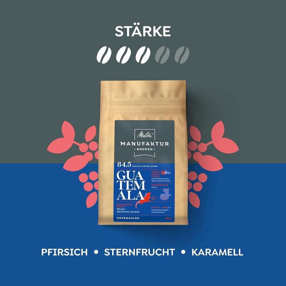 Melitta Manufaktur-Kaffee Guatemala Honey, Caffè speciale, 250G, Caffè in grani interi, Non macinato, Caffè monorigine, Tostato delicato, Tostato in Germania, Forza 3 Caffè Naty Shop
