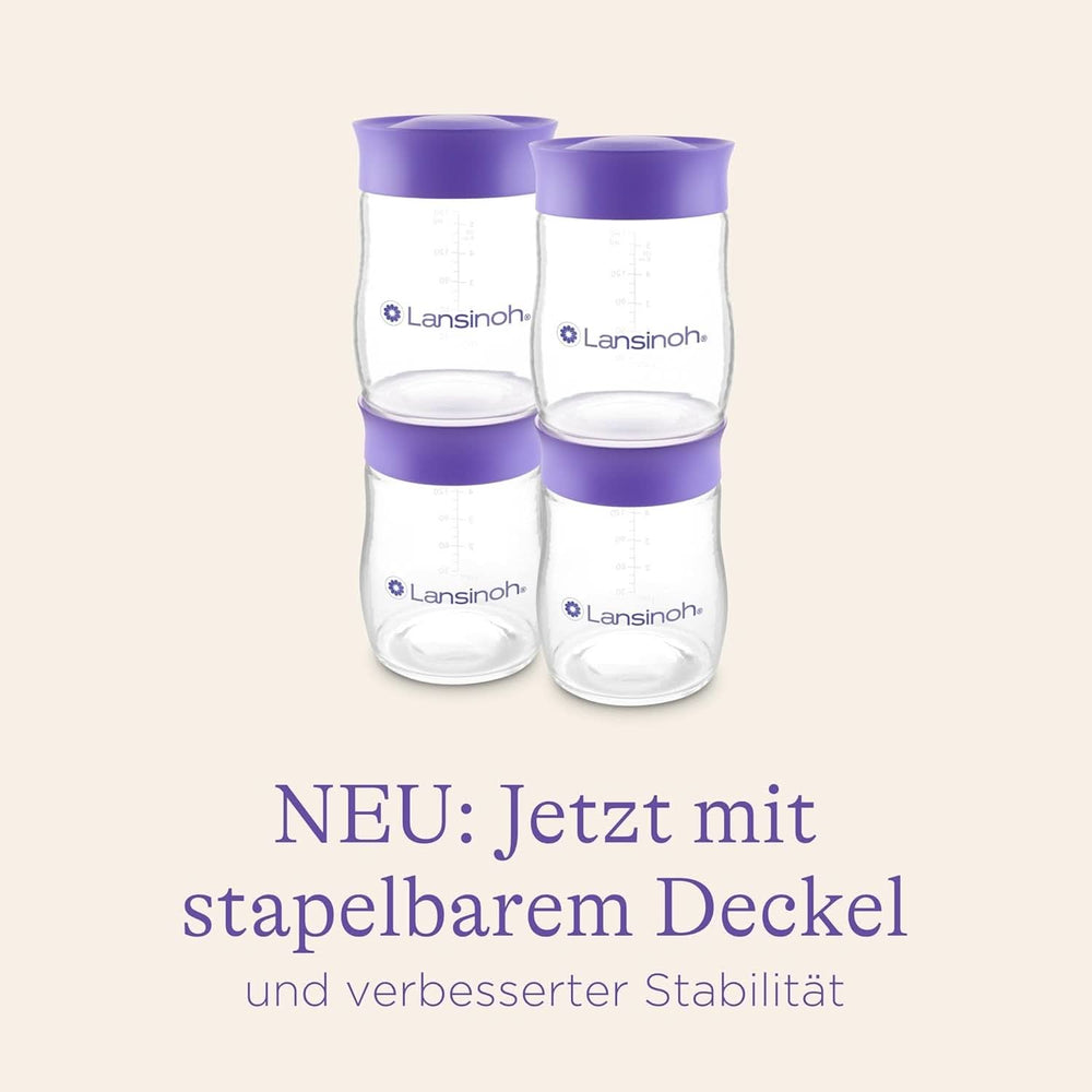 Lansinoh Muttermilchflaschen, 4 X 160 Ml - Zur Sicheren Muttermilch Austellungen - Neues Kompaktes Design Für Verbesserte Stabilität - Mit Stapelbarem Deckel Accessori Alimentazione e Allattamento Bebe Naty Shop
