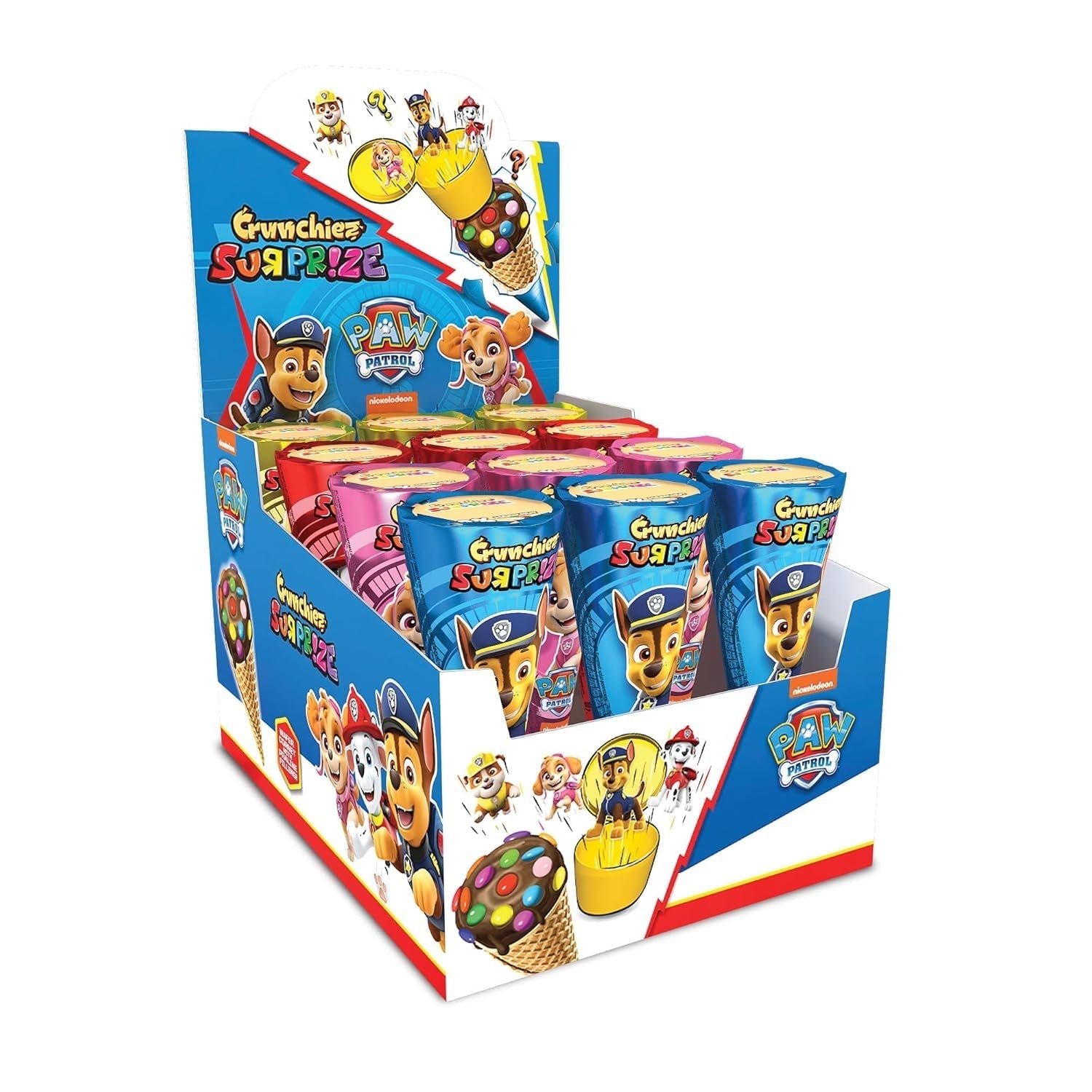 Crunchiez Surprise PAW PATROL, Cornet de înghețată cu umplutură de ciocolată cu alune și o surpriză de înaltă calitate, Tavă cu 12 x 25 g