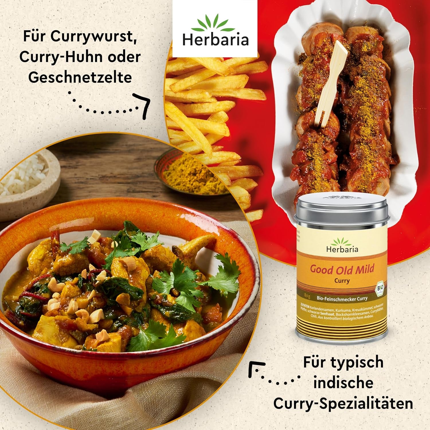 Herbaria Good Old Mild Curry bio 80g M-Dose – Currypulver, Currymischung - Bio-Gewürzmischung für klassische Curry-Spezialitäten z.B. Currywurst - ingrediente erlesenen in nachhaltiger Aromaschutz-Dose