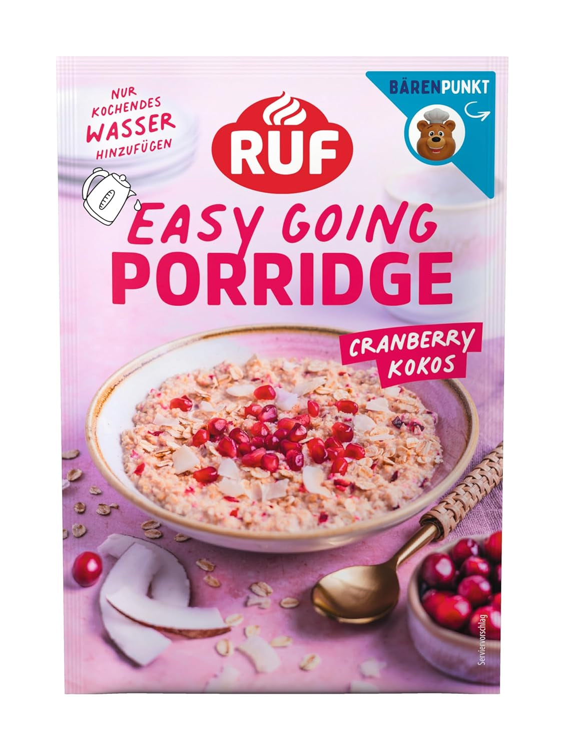 Farina d'avena istantanea RUF con fragole e vaniglia, un pasto estivo con avena pronto in 3 minuti, 1 busta x 65g